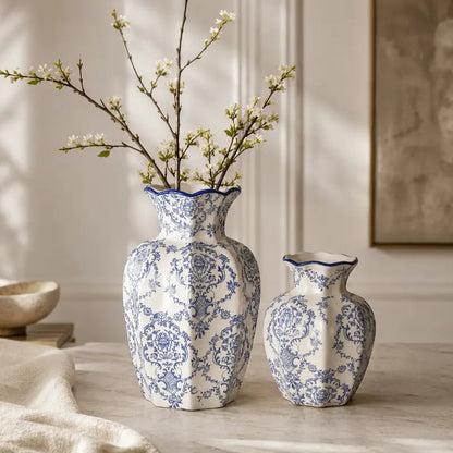Bluewave Ceramic Vase Set Decorative Pair – Classic Porcelain Pattern Elegant Home Accent 0