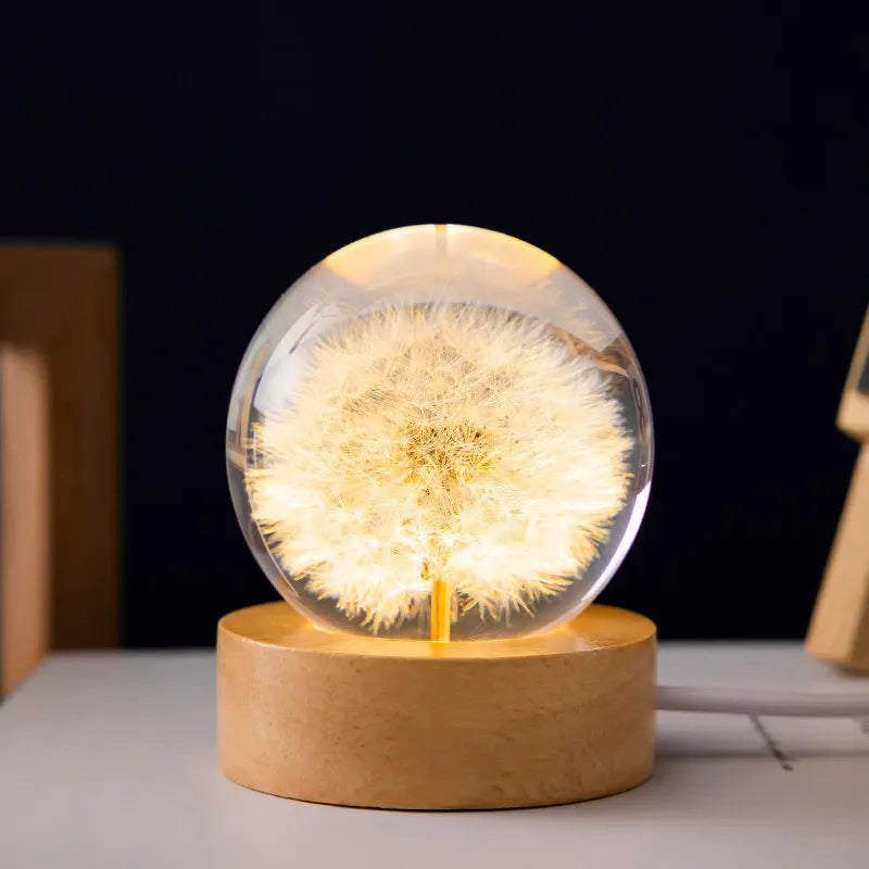 Dalia Desktop Night Light – 3D Dandelion Crystal Ball with USB Power 0