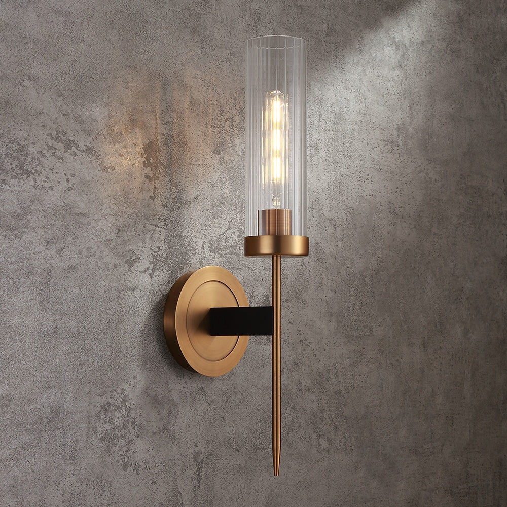 Radiant Women’s Gold and Black Wall Sconce – Ribbed Glass Ambient Lighting for Modern Bathrooms 0
