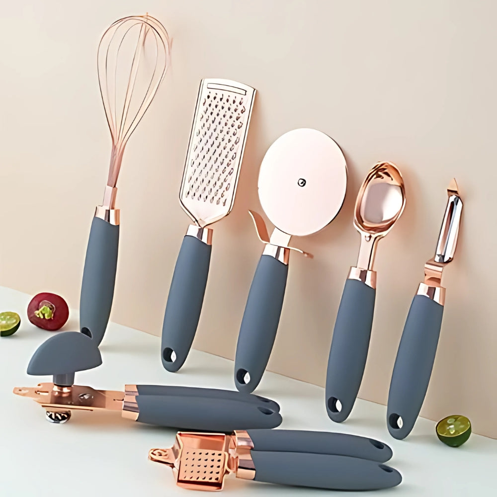 Rivona Rose Gold Cooking Set – 7-Piece Stainless Steel Kitchen Tools with Silicone Handles 1