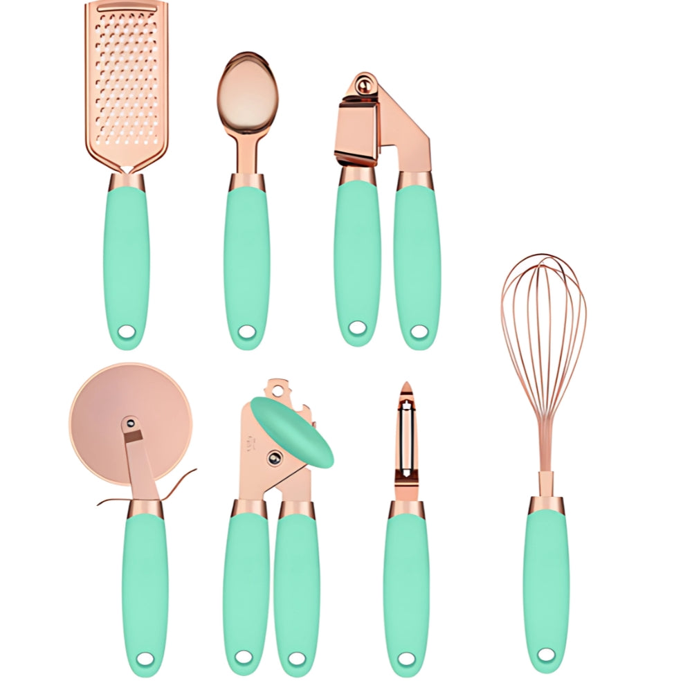 Rivona Rose Gold Cooking Set – 7-Piece Stainless Steel Kitchen Tools with Silicone Handles 9